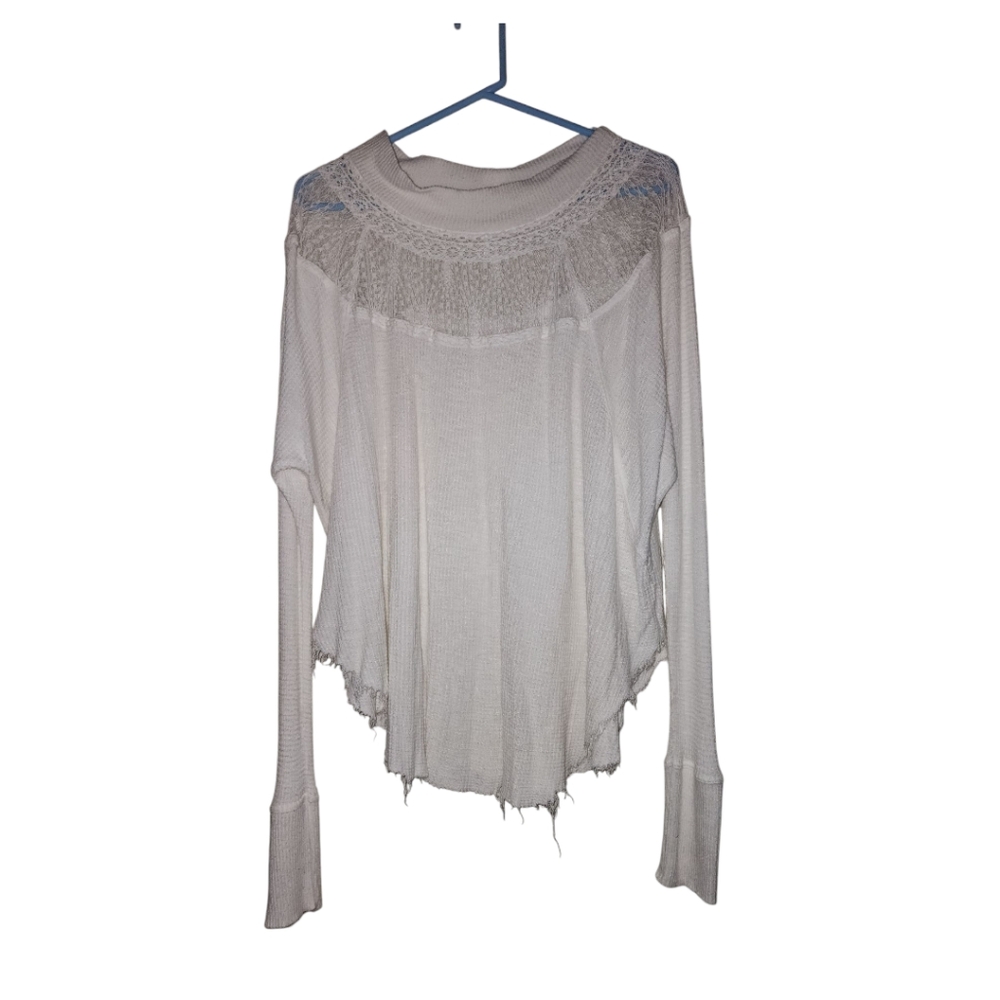Free People Oversized Distressed Thermal -  White, Size Small
